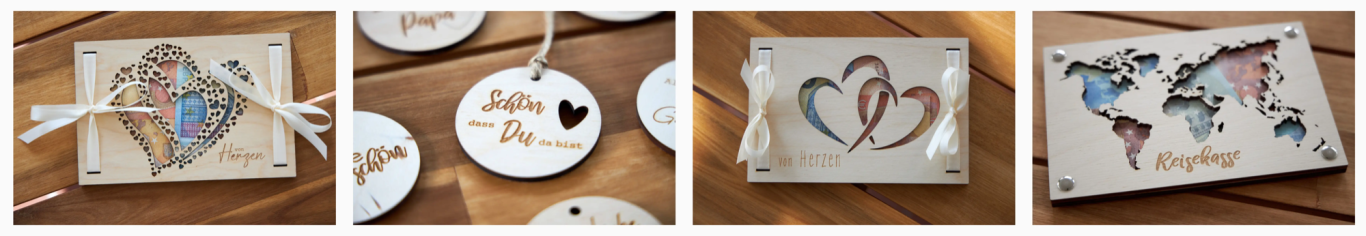 Holz Geschenkkarte zum verpacken von Geldscheinen mit einer Gravur von Herzen und ausgeschnittenen Herzen.